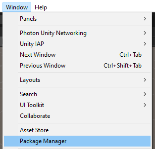 Meniul Unity Package Manager